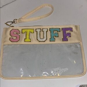 BEIGE COLORED CLEAR CHENILLE LETTER “STUFF”  BAG SUPER CUTE VERY VERSATILE FUN